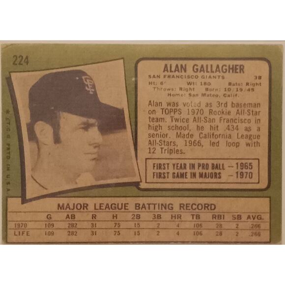 1971 Topps Baseball Alan Gallagher Rookie Card No. 224 - Picture 1 of 4